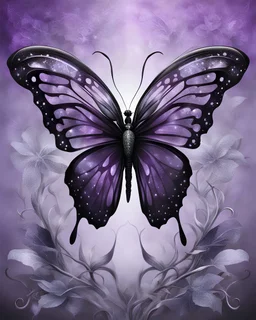 A dark goth black-purple butterfly with translucent wings encrusted with silver glitter, silver, surreal, strong expression, springs from an big glass flower, background mistic fog, crystasl , etheral, fantasy, stunning illustration