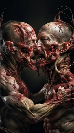 cinematic gore Bosch style photorealistic photo of 2 conjoined mangled zipper-faced embryonic bodies wrestling, 1 soul vortex, complementary, anatomically fragmented, ripped apart again being flayed, skinned alive. A beating heart, muscles, blood vessels, bowels, entrails are exposed. Visceral anatomy. physiology. Their face and body opens with a zipper. Bosch and Dali inspired hallucinations. mythology. grotesque.