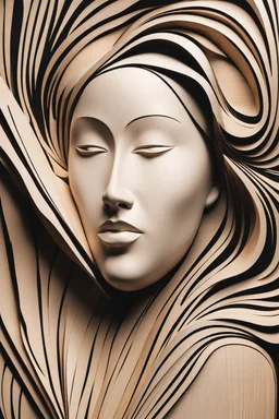 The image features wooden sculpture of a black and white 3D of a woman's face, which appears to be a close-up shot. Abstract and artistic quality. The image captures the woman's beauty and elegance, making it an interesting and visually appealing piece of art.