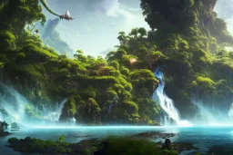 Art by Dylan cole and Eddie mendoza and darek zabrocki, Avatar concept art, pandora, hovering island with waterfall, magnificent landscape, ultra-wide angle, ultra realistic, digital painting, 8 k uhd, dynamic lighting, beautiful, sharp focus, ultra detailed, concept art