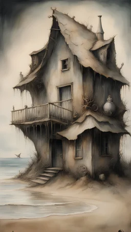 Surrealism. A rustic beach cottage made entirely of seashells. Modifiers: photorealistic beautiful award winning close up crisp quality surrealist watercolor Jean-Baptiste Monge pen and ink Spooky Unsettling Evocative Stephen Gammell Esao Andrews ephemeral hallucinatory Zdzislav Beksinski Ilya Zomb evanescent Gary Bukovnik nicoletta ceccola Resin, ink, photography