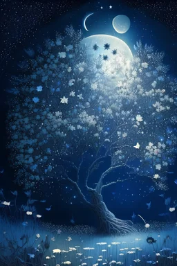 a background of softly blended blues, greys, silvers, and whites with distant, twinkling stars in the sky, an a moon casting a soft glow of light on a foreground of a field of various flowers surrounding a tree of life