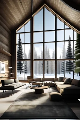 a double -height ceiling living room with a large floor-to-ceiling window one side log cabin, outside is a dark snow -covered landscape.The living area is furnished with plush, contemporary sofas and rockchair in neutral tone, grouped around a low, central coffee table,The room’s color palette is composed of dark brown and warm tones, with the soft lightning from various lamps adding a cozy ambiance.