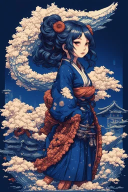 beautiful, cyberpunk, huge girl, petit girl, hyperdetailed, illustration by Katsushika Hokusai in 8bits, Pixel Art, darkblue tones,