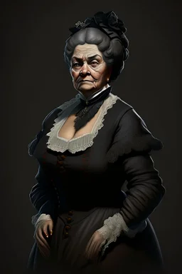 warm but stern aunty victorian era, posh british accent influenced, high born facial features dnd character on a solid black background, full body image, high quality realistic.