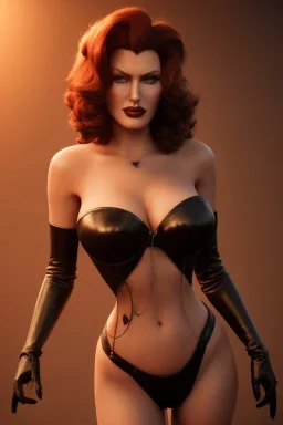 Rita Hayworth as evil queen in black leather, busty, cleavage, curvy, angry, stern look. character design by cory loftis, fenghua zhong, ryohei hase, ismail inceoglu and ruan jia. unreal engine 5, artistic lighting, highly detailed, photorealistic, fantasy