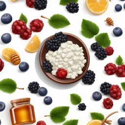 cottage cheese with forest berries and sprinkled with honey, ultra realistic, white simple background with no additional food items on the background