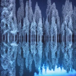 high-quality, fine-detailed winter forest surrounding reflective lake with northern lights in sky, intricate, defined snow-covered trees, a still, black, reflective lake, irridescent, radiant, colorful aurora borealis in night sky, 8k resolution, photorealistic, 8k resolution, ultrahd, photgraphy, Arild Heitmann, David Lane, Troy Casswell