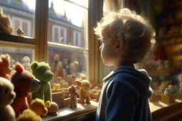 a little boy with curly blond hair is standing with his back to us, looking at toys (stuffed animals, building blocks, trains, legos, rocking horses) in a toy shop window Nikon D850 digital painting fantasy 4k very attractive fantastic view ultra detailed 4K 3D cinematic postprocessing in sunshine