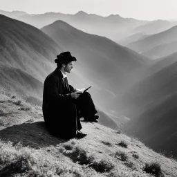 a poet reading a book on a mountain, words are the scream of silence [Jean Nicolas Arthur Rimbaud est un poète français ]