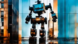 double exposure photo of urban decay and dancing crazy rusty scrappy robot, pseudo photo-realism, negative space, amazing reflections, excellent parallels, great verticals, juxtaposition shock, wet print, ink leak, colors of light sky blue and beige and black