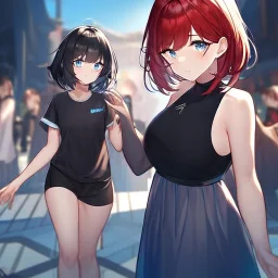 Clear focus,High resolution, Black short fluffy hair, and blue eyes, wearing a blue crop top sleeveless, wearing a red cut sleeve, wearing a black shirt, wearing long white socks