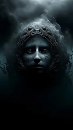 Mourning in dephts of ocean , a halo face with a smoky holes in dark gloomy foggy background with very small dem light