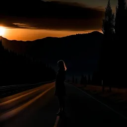 dark night, a woman silhouette on the side of the road,, mountains and forests next to the road, a beautiful orange sunrise in the distance, photo quality