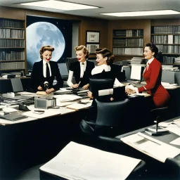 [colour photo by helmut newton] 1950s office secretaries working in an office on the moon, having fun in agent provocateur