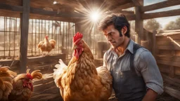 Hyper Realistic a chicken is beating a handsome-young-farmer from its beak inside a chicken coop with scared expressions on farmer's face few haystacks behind & feathers whirling at day time with sun-rays from outside showing dramatic & cinematic ambiance