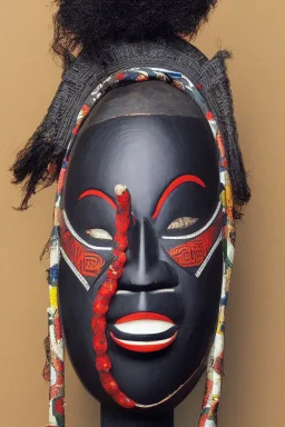 Portrait voluptuous African lady wearing a noh mask, full body shot, full-color medium shot, style of Japanese noh masks