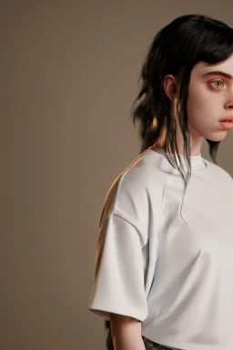 Billie Eilish, full body, on the bed, in my underwear, pale skin, high detail, realistic, 8k, not to be distinguished from a photo, identical pupils