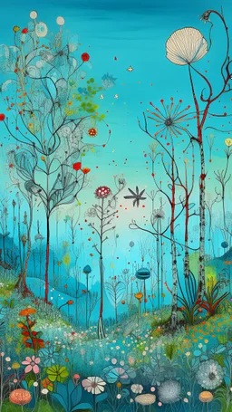 A garden of wired out of this world flowers and trees with light blue sky in Bosch painting style