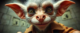 airbrush and pen outline, french art , extreme close up on cheeky fluffy weasel hairy goblin military prison guard news anchor elf family scumbag in the style of Escher and Giger and Fallout 4, pinhole cam, airbrush 3d rendering