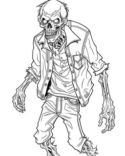 outline art for halloween coloring pages for kids with zombie, white background, Sketch style, full body, only use outline, clean line art, white background, no shadows and clear and well outlined, coloring page for kids,