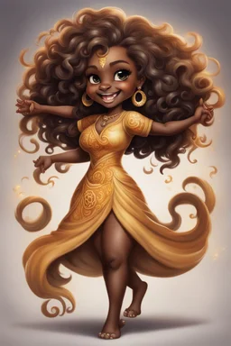 A fearless curvy dark-skinned airbrushed chibi swishes her lion tail excitedly, wearing a dress decorated with the Leo astrology symbol. With mane-like hair wild with curls, she smiles wide, showing off fangs. She stands arms and legs spread, steadfast as a lioness, demonstrating Leo courage and leadership.