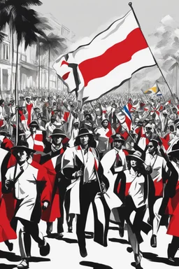 Ilustración de hombres y mujeres marchando con la bandera de Colombia, colores contrastantes, rojo, negro y blanco