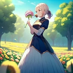 anime girl holding on to a dried dandelion flower and blowing the dried seeds into the air as the wind carries them away. outdoors scene.anime girl standing in a meadow of flowers. thw wind is blowing flower pedals into the wind