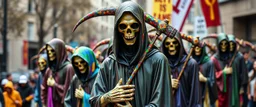 multi colored, bright, vivid, psychedelic, high detailed, high gloss, insanely detailed, matte, horrorcore, lining the street, unsettling contrast, monument to death, grim reaper parade