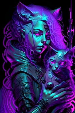 a pastel metal carving of a female cyberpunk wizard with flowing purple hair and glowing eyes. She is holding a cat, The colors of the scene should be vivid and varied.