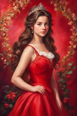 a painting of a girl in a red dress, red background photorealistic, beautiful character painting, disney art style, photorealistic disney, disney concept art :: nixri, portrait painting of a princess, disney art, disney artist, beautiful aerith gainsborough, princess portrait, art in the style of disney, painting of beautiful, disney artstyle, scarlet background