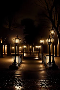 Park at night with lanterns, square bench, and dirt roads, trees, gothic horror films influence, creepy, photography