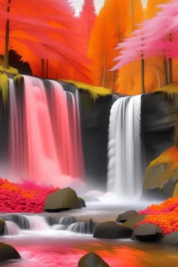 waterfall, with beautiful pink and orange trees