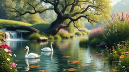 a beautiful river in country side with water falls and big tree,wild flowers and, swans pertty coloful fishes in river ,a pretty Deer with horns in inside plants,butterflies around flowers,heaven escape,very beautifu lady is swimming in river