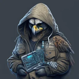 A falcon as a military hacker using a hoodie and hacker gadgets