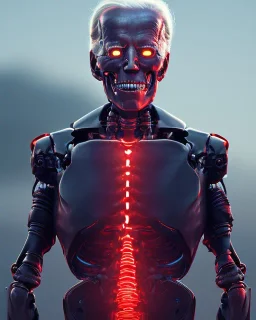 Terminator, Joe Biden as a Terminator,skeleton, evil, 8k, red glowing eyes, battle in background