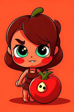 Tomato super Villain girl with dark brown hair and brown eyes in the style of Lilo and Stitch.