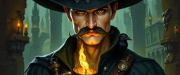 Artemis Entreri, oil paint and airbrush, upper body portrait of clever crow vintage mustache assassin thief quickling juggler man with Damascus steel sacrificial poison pouch in then elven magical green city of Forgotten Realms, myth drannor