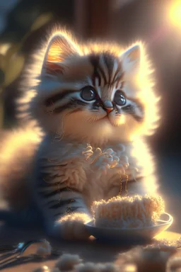 A very cute fuzzy furry chibi cat eating Nikon D850 highly detailed digital painting elegant Award winning photography intricate 4k very attractive beautiful fantastic view 4K 3D crisp quality Unreal Engine hdr cinematic postprocessing acrylic art in sunshine