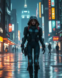 Night city Atmosphere Beyond Future A pretty Girl cyborg cyberpunk wearing advanced futuristic clothes walk in futuristic cyber city