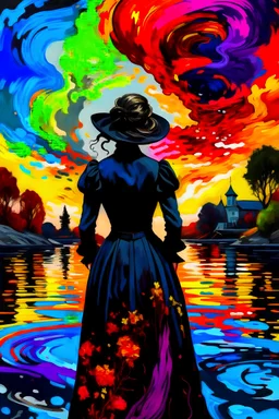 a painting of (from behind, a Victorian woman dressed in black) on a lake, with an explosion of colors around her, bold lines, matte painting, digital illustration, acrylic on canvas, brushstrokes, detailed, high quality