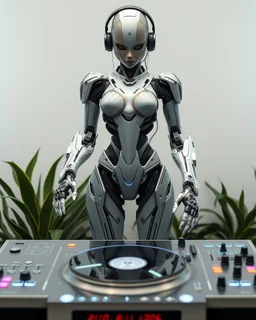 Front view full body standing rendering Beautiful Female as Hybrid mecha robotic DJ Playing DJ Player Turntable chasing clear surfaces it from transparency super clear glass explore inside components nature plants, advance design futuristic sci fi picture,find details,Sony Alpha 7 50mm 1.8,medium shot, high-resolution image with fine details,ultra detailed,ultra realistic,extremely realistic,intricate,photorealistic,epic composition