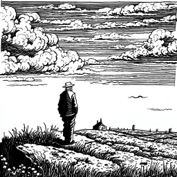 a alone man. pen and ink, birds eye view, illustrated by hergé, Background space and earth