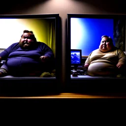 (fineart:1.5, masterpiece1.5) (realism:1.5) award winning picture of award winning fat, beardedd, 'fat man' (watching tv:1.8), tv in frame , two panels, the first panel is taken from the pov of the tv, it looks out and sees a vision of suburban decay, back lit with a cold color pallete, the only vibrant color we see is the aloe vera plant on his bookshelf, pov of 'fat man'