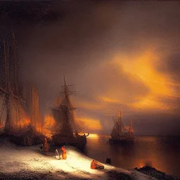 Rembrandt, Snowstorm, glowing lights, ocean, robot