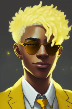 Realistic young man with fluffy yellow hair, big black eyes, yellow freckles, small black earrings, smirk, light brown skin, yellow tuxedo, yellow star sunglasses on head