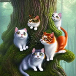 close up on almost invisible cats in a tree in magical forest, fantasy book cover art