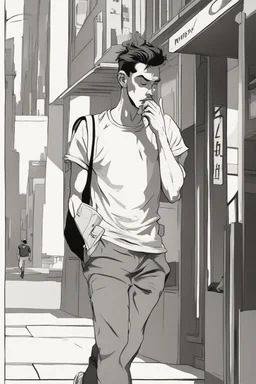 A 25-year-old boy in a men's sports tee is walking in the city, thinking with his head down, smoking a cigarette, and possessing the power of a god