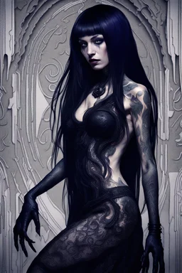 a crepy stunning mystic woman with dark purple-black long hair and black tattoos on her body, a cold, indifferent expression, silver and black onyx jewelry, black lace dress, crepy stunning anthropomorphic female, theral human, ancient deity, by Vincent Lefevre and Yoshitaka Amano, stunning 3d woman , dark fantasy style, thriller