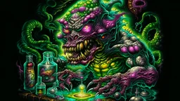 High_Quality_Art Digital Painting of Science experiment Horror Monster creature by Richard Corben, Todd Schorr, T-Shirt Design, Black Background,